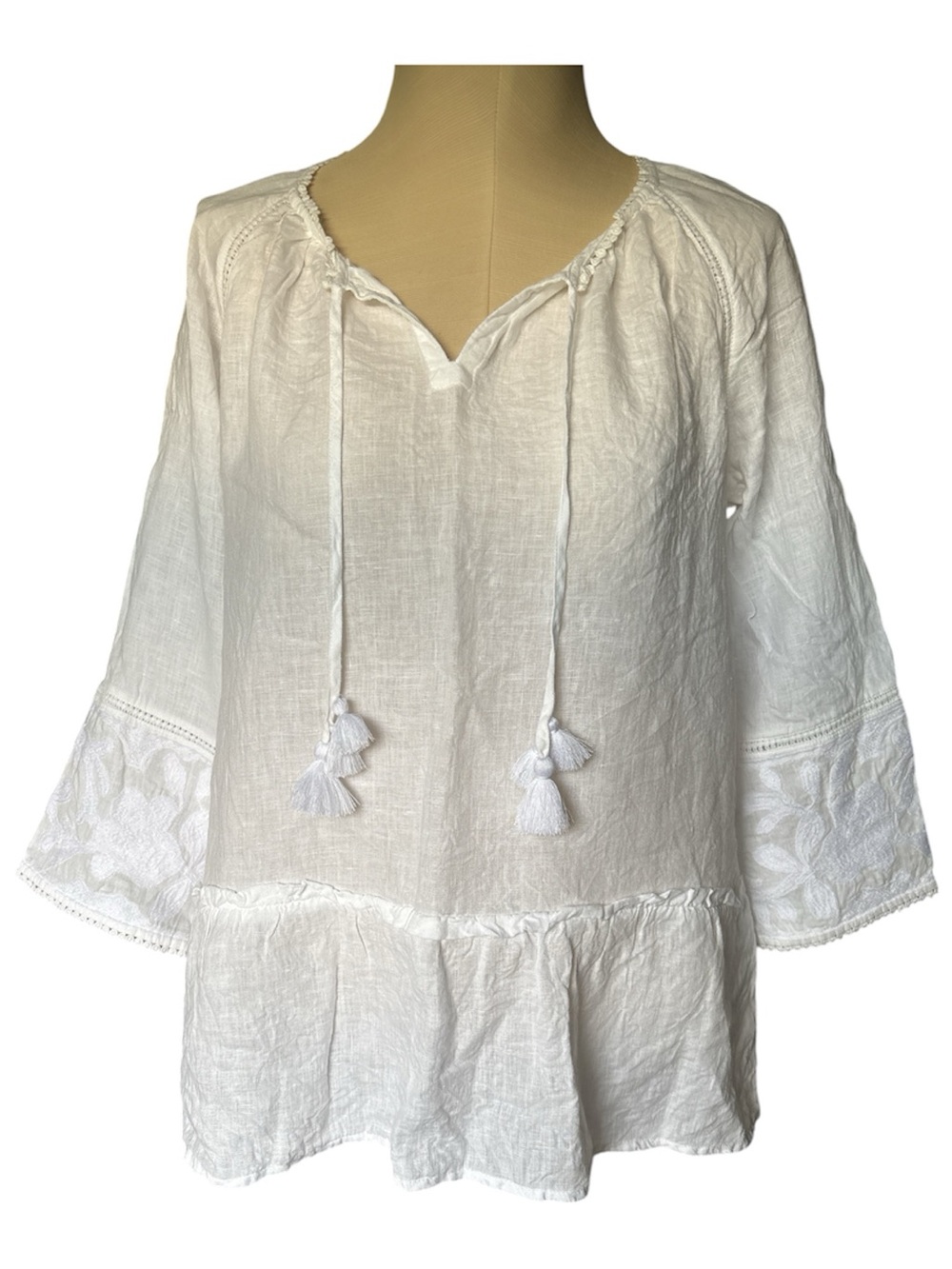 J. Jill White Tassel Peasant Blouse with Embroidered Bell Sleeves